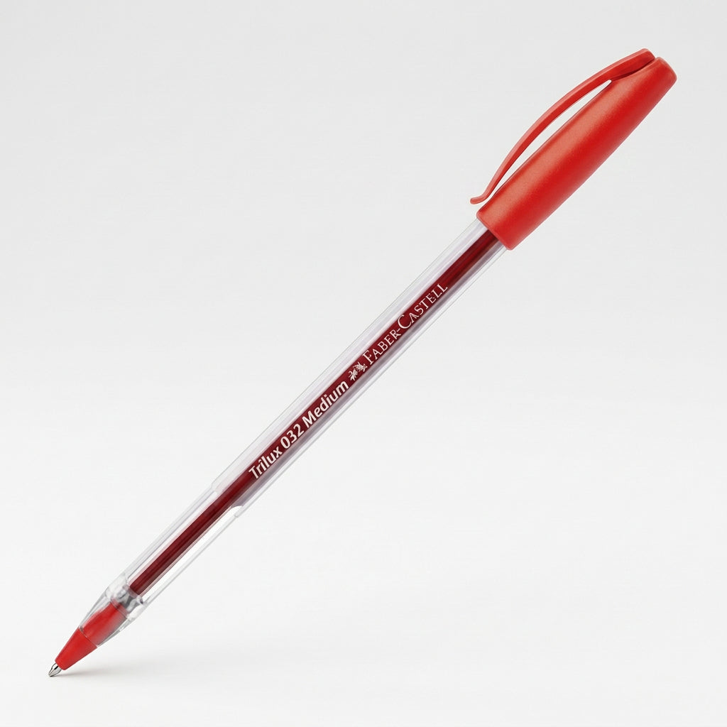 A red and clear gel pen with a red cap and tip, shown diagonally on a white background. The barrel is transparent, revealing a dark red ink chamber, and features white text reading 'FURUKU 0.