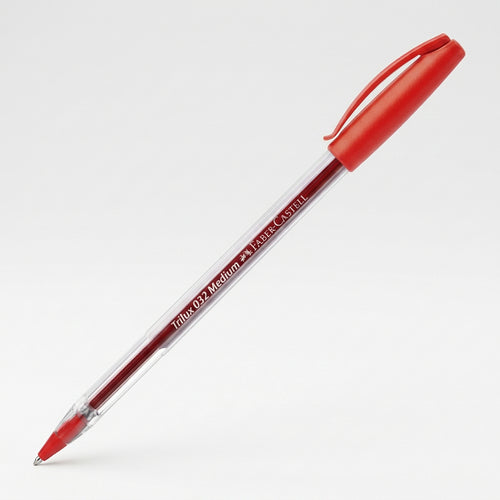 A red and clear gel pen with a red cap and tip, shown diagonally on a white background. The barrel is transparent, revealing a dark red ink chamber, and features white text reading 'FURUKU 0.